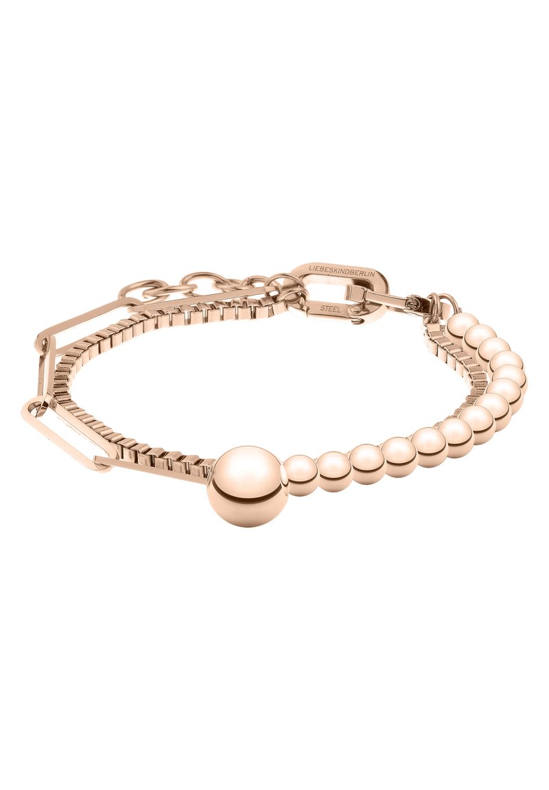 Rose gold bracelet featuring spherical beads and a textured chain design with a clasp, made of stainless steel.