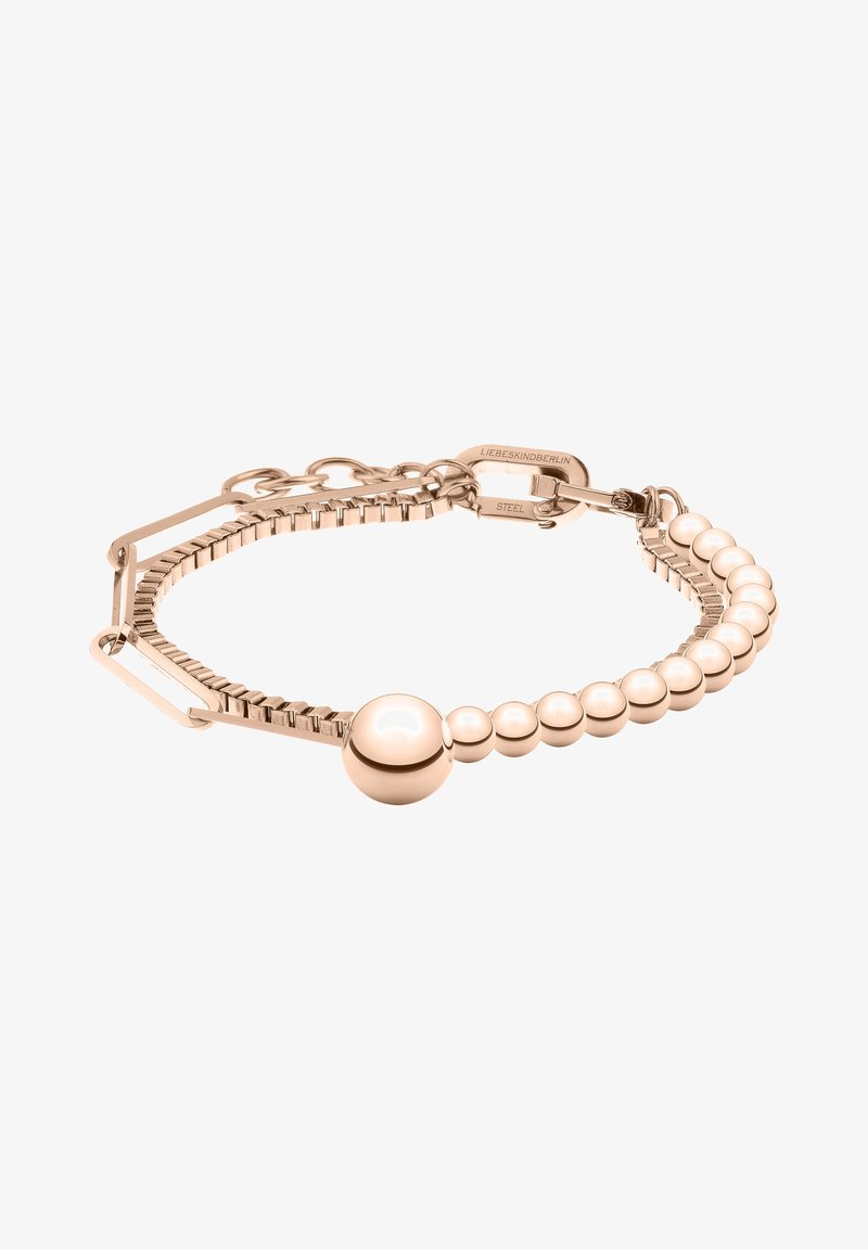 Rose gold bracelet featuring spherical beads and a textured chain design with a clasp, made of stainless steel.