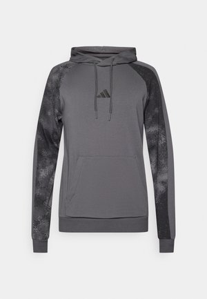 Γκρι φούτερ με κουκούλα και κορδόνι, με σκουρόχρωμα μανίκια με σχέδια και μπροστινή τσέπη. Μικρό λογότυπο στο στήθος, υφή υφάσματος με σχέδιο.