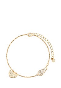 Bransoletka w odcieniu złota z łańcuchowym wzorem, zawierająca wycięte serce i zawieszkę w kształcie skrzydła. Teksturowane ogniwa oraz regulowane zapięcie dla lepszego dopasowania.