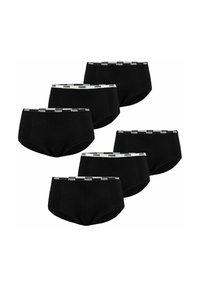 Schwarze Baumwoll-Boxershorts im Sechserpack. Mit weißem Puma-Logo am elastischen Bund. Glatte Textur und figurbetontes Design.