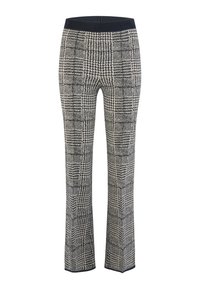 Trousers in a black and white checked pattern, featuring a stretchy waistband and flared leg design. Fabric appears soft with a textured finish.