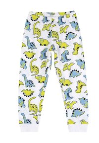 Pantalon de pijama en coton avec un fond blanc et des motifs de dinosaures colorés en bleu et jaune. Taille élastique et poignets élastiques.