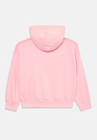 Sudadera rosa claro con mangas largas, puños y dobladillo acanalados, mostrada por detrás sobre un fondo blanco liso.