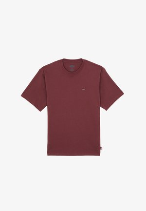 Bordowa koszulka z krótkim rękawem wykonana z bawełny. Posiada okrągły dekolt i małe logo z przodu po lewej stronie. Gładka faktura.