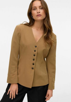 Brauner, taillierter Blazer mit V-Ausschnitt und sechs schwarzen Knöpfen. Merkmale sind lange Ärmel, eine strukturierte Passform und dezente vertikale Nähte.