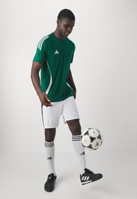 Groene sportshirt met witte accenten, witte shorts en zwarte voetbalschoenen. Speler jongleert met een witte voetbals. Details omvatten strepen op de mouwen en sokken.
