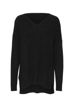 Pullover in maglia a coste nera con ampio scollo a V, spalle scese e spacchi laterali. Tessuto morbido con una vestibilità comoda.
