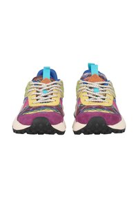 Multicolored sneakers feature a woven upper with shades of purple, green, and blue. Textured laces and a sturdy black sole.