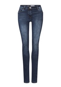 Jean skinny en denim bleu foncé avec une légère décoloration, présentant des poches avant, une fermeture éclair et des coutures cousues. Texture lisse, design classique.
