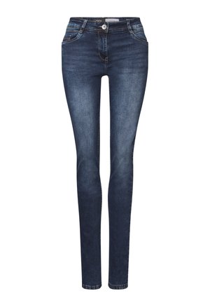 Slim fit jeans in donkerblauwe denim met een lichte vervaging, voorzien van voorkruiszakken, ritssluiting en gestikte naden. Soepele textuur, klassiek ontwerp.