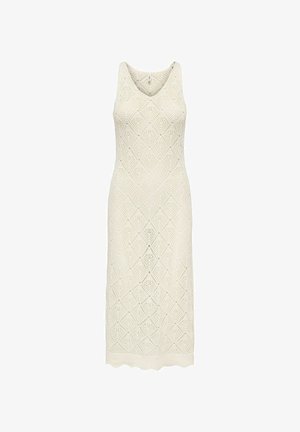 Pletena midi obleka brez rokavov v kremni barvi z V-izrezom in vzorcem izrezljanega dela v obliki diamanta po celotni obleki.