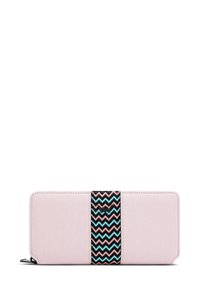 Pink fabric wallet with a black, pink, and blue zigzag patterned band. Features a zip closure and a smooth texture.