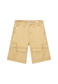 Shorts cargo beiges en coton, à coupe décontractée, avec deux poches avant et deux grandes poches cargo avec rabats.