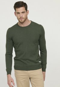 Pull vert kaki en tricot doux et texturé, avec un col rond et des poignets côtelés. Porté avec un pantalon beige clair.