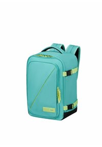 Zaino turchese con finitura testurizzata, dotato di spallacci regolabili, tasca frontale con zip e dettagli in cerniera verde lime. Design rettangolare.