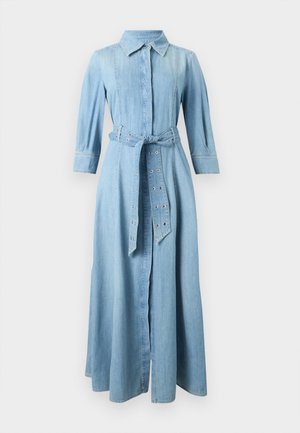 Denim shirt dress in light blue, featuring a button-down front, collar, and three-quarter sleeves. Includes a tie belt and decorative eyelets.