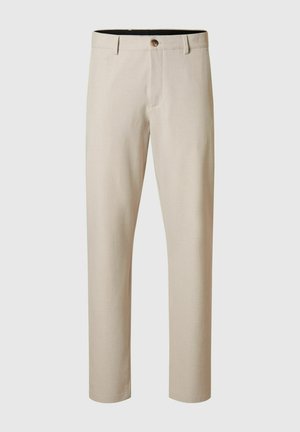 Pantaloni beige su misura realizzati in tessuto leggero; presentano un chiusura con bottone, un design a gamba dritta e cuciture pulite. Nessun motivo o decorazione.