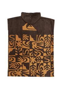 Poncho con cappuccio marrone e arancione, caratterizzato da un patchwork di motivi astratti di foglie tropicali e onde.