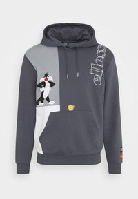 Felpa con cappuccio caratterizzata da pannelli grigi e blu navy, stampe di personaggi dei cartoni animati, tasca a marsupio e polsini a costine. Il materiale è in tessuto morbido e testurizzato.
