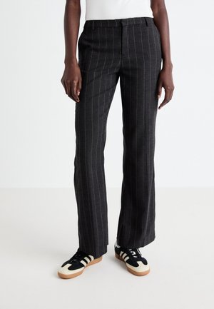 Gray pinstriped trousers with a straight-leg design, made from a textured fabric, featuring a mid-rise waistband and side pockets.