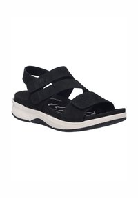 Czarne zamszowe sandały z dwoma szerokimi rzepami i otwartym noskiem. Gruba biała podeszwa z teksturowaną czarną gumową spodem dla lepszej przyczepności.