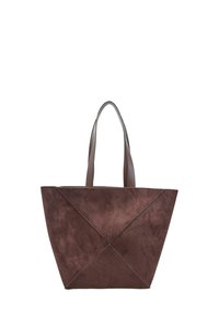Braune Wildleder-Tasche mit zwei mittelgroßen Griffen, ausgestattet mit einem geometrischen Design und Akzentnähten auf der Vorderseite.