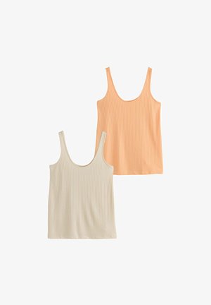 Deux débardeurs côtelés sans manches, un beige et un orange clair, tous deux avec un col rond et un design simple et ajusté.