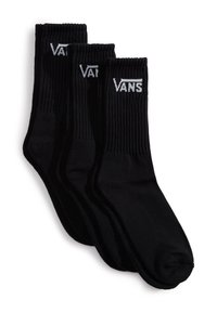 Calcetines negros de canalé en un paquete de tres, con un logo blanco de Vans en el puño. Textura suave con un diseño de longitud de media.