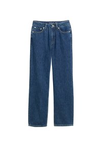 Jeans de mezclilla azul con un diseño de pierna recta, cinco bolsillos y remaches de cobre; tela de peso medio con una textura suave.