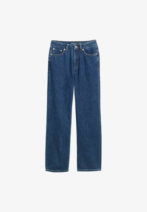 Blaue Denim-Jeans mit geradem Bein-Design, fünf Taschen und Kupfer-Nieten; mittelschwerer Stoff mit glatter Textur.