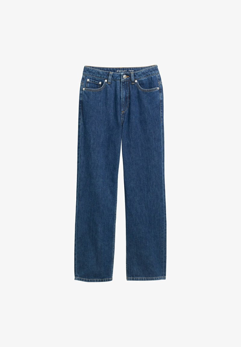 Blå denimjeans med rak bendesign, fem fickor och kopparnitar; medelviktsmaterial med en mjuk textur.