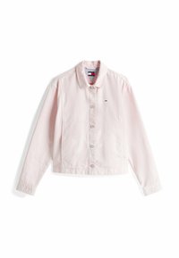 Giacca di jeans rosa chiaro con chiusura a bottoni, colletto e due tasche frontali. Presenta un sottile dettaglio del logo sul petto.