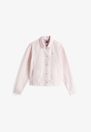 Lichtroze denimbomberjack met een knoopsluiting aan de voorkant, een kraag en twee voorkuilen. Heeft een subtiele logo-detail op de borst.