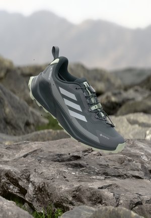 Zapatilla de senderismo gris y negra Adidas Terrex Gore-Tex suspendida sobre terreno rocoso con montañas desenfocadas al fondo.