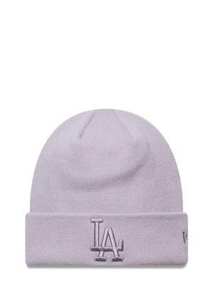 Light purple knit beanie with a cuff, featuring an embroidered "LA" logo in a matching tone on the front. Soft texture, rounded top.