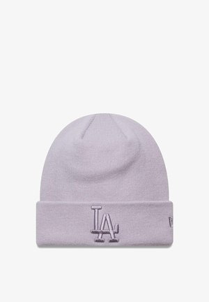 Light purple knit beanie with a cuff, featuring an embroidered "LA" logo in a matching tone on the front. Soft texture, rounded top.