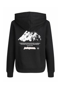 Čierna mikina s kapucňou so bielou grafikou hory a textom odkazujúcim na horolezectvo a značku Jack & Jones na chrbte.