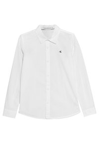 Vit skjorta med knappar, tillverkad av mjuk bomull. Har en klassisk krage, långa ärmar och en liten svart "CK"-logotyp på bröstet.