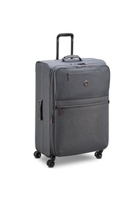 Grauer Stoffkoffer mit einem ausziehbaren Griff, zwei vorderen Reißverschlüssen, vier Rädern und einer strukturierten Oberfläche. Mit braunen Lederakzenten.