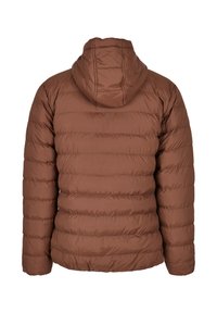 Bruine pufferjack met capuchon, voorzien van een doorgestikt ontwerp, gladde, glanzende textuur en elastische manchetten. Achteraanzicht, geen zichtbare hardware of accenten.
