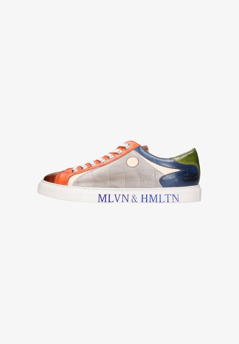 Multifarvet lædersneakers med orange, blå, grønne og grå paneler, hvide snørebånd og hvid sål med teksten "MLVN & HMLTN" i blåt.