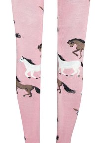 Rosa kniehohe Socken mit einem Muster von galoppierenden Pferden in Schwarz, Weiß und Braun. Hergestellt aus weichem, dehnbarem Material.