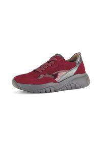 Red suede athletic shoe with metallic gray accents, a padded collar, and a textured rubber sole. Features flat laces and a tapered design.