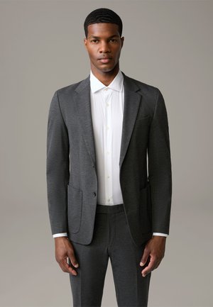 Gray suit with a tailored jacket and matching trousers. Accompanied by a white button-up shirt. Smooth fabric, clean lines, and two front pockets.