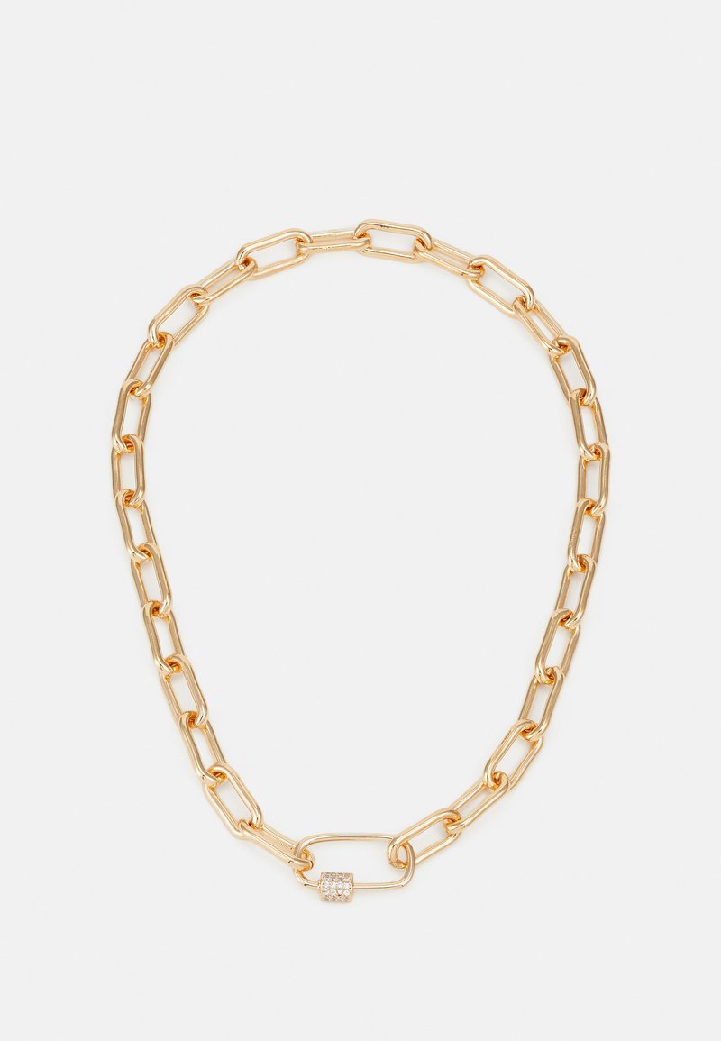 Gold chain necklace featuring elongated links with a textured, sparkling accent in the center. Smooth surface with a polished finish.