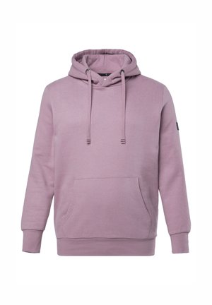 Světlofialová mikina s kapucí z měkké látky, vybavená klokaní kapsou, stahovací kapucí, žebrovanými manžetami a rovnou spodní hranou.