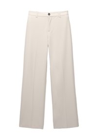 Wijdvallende broek in lichtbeige stof met een gladde textuur, voorzien van een knoopsluiting aan de voorkant en standaard riemlussen.