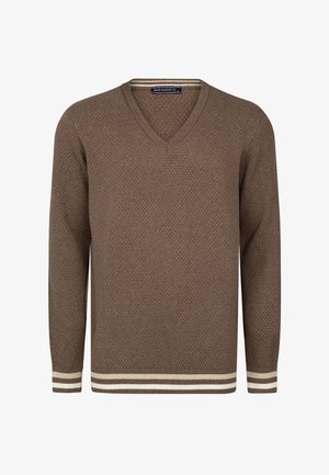 Brauner gestrickter Pullover mit V-Ausschnitt, der ein strukturiertes Muster und einen gestreiften Rippenbund in Creme und Beige aufweist. Lange Ärmel mit gerippten Bündchen.