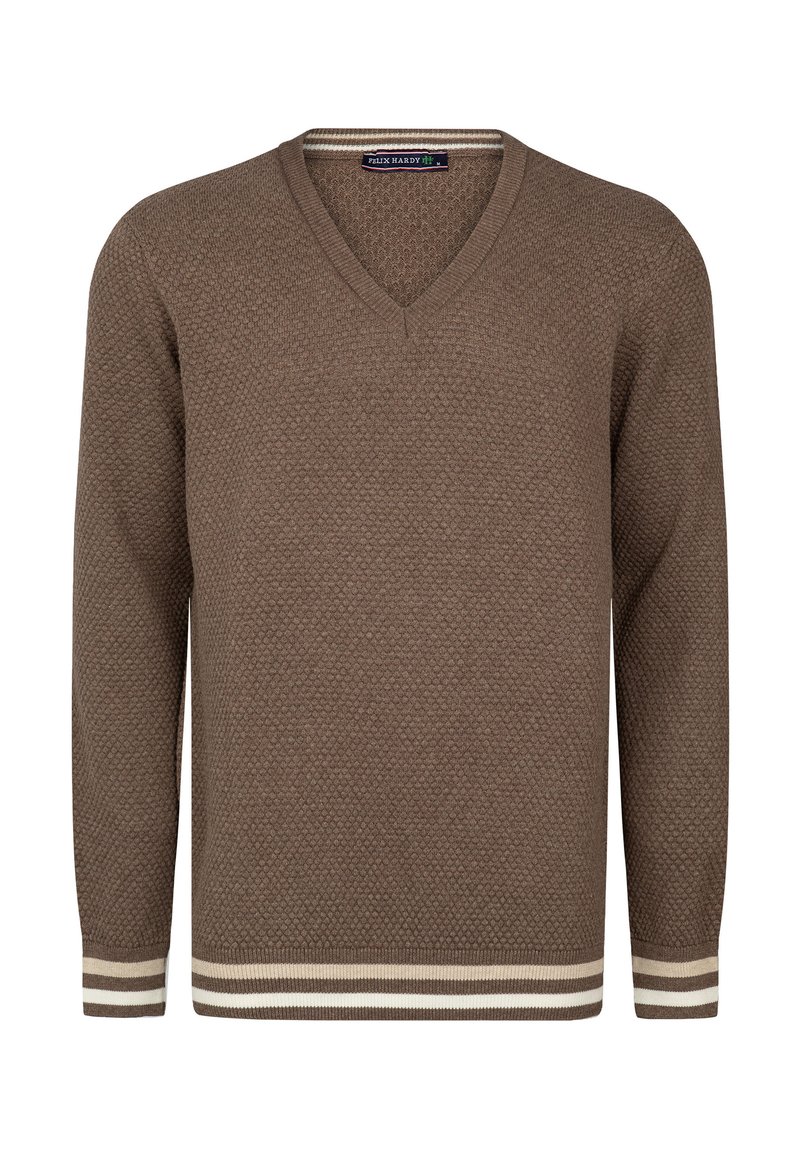 Maglione marrone lavorato a maglia con scollatura a V, caratterizzato da un motivo testurizzato e un orlo a costine a righe in crema e beige. Maniche lunghe con polsini a costine.